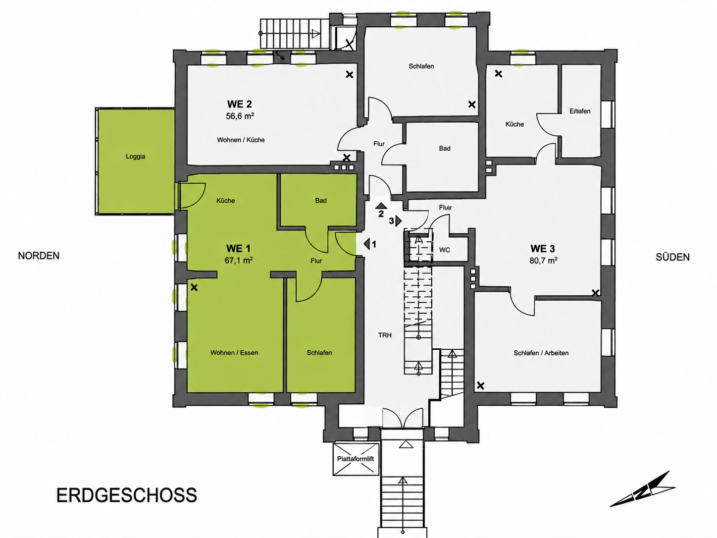 Grundriss Erdgeschoss – Wohnung 1 und 2 markiert