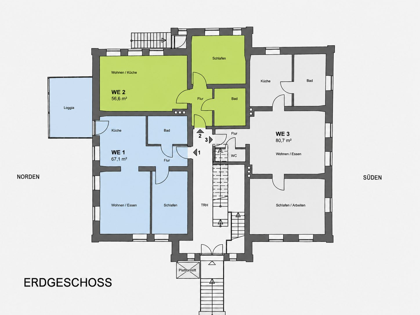 Grundriss Erdgeschoss – Wohnung 1 und 2 markiert