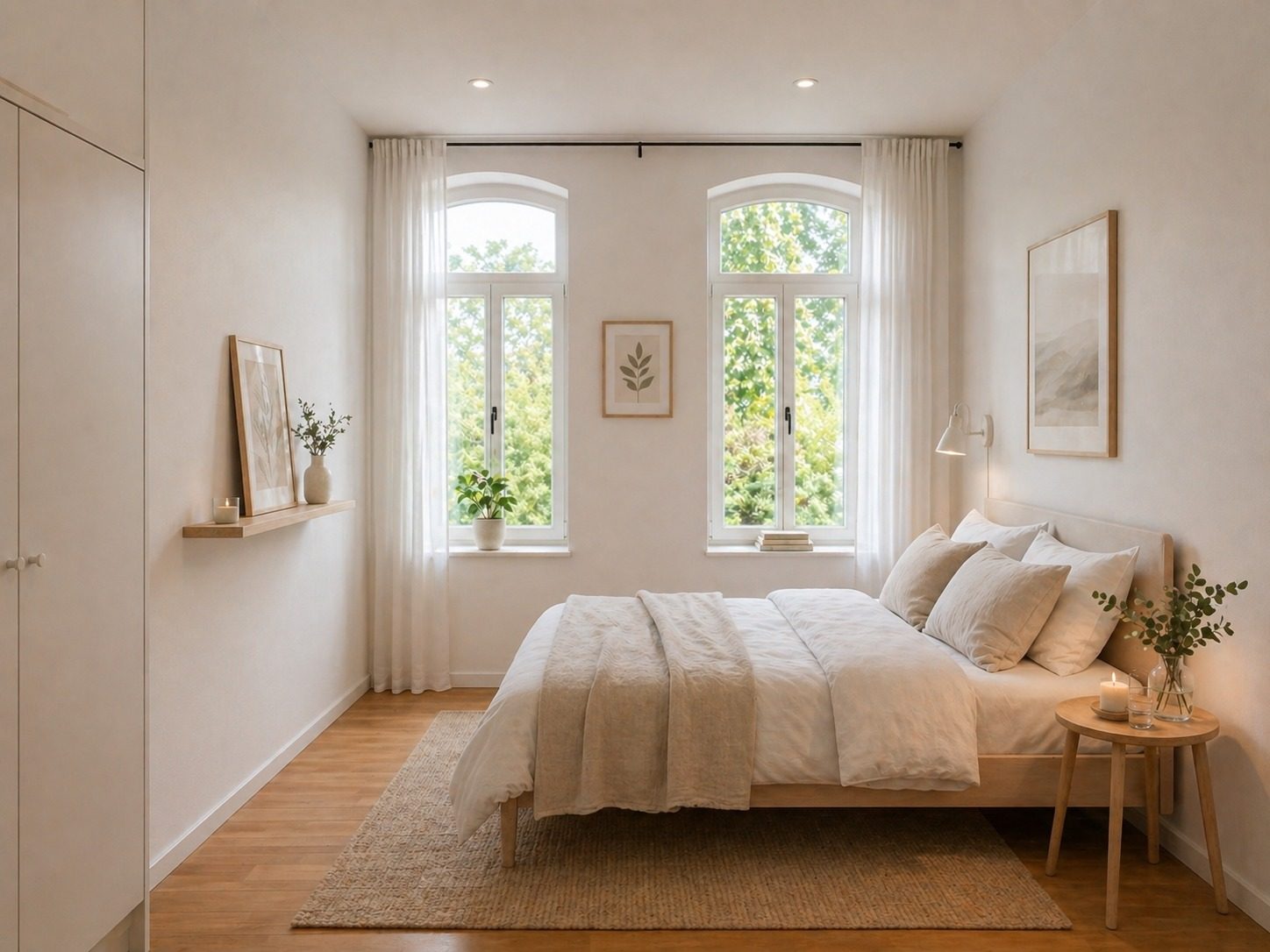 Wohnbeispiel: helles Schlafzimmer mit hohen Fenstern (Wohnung 5)