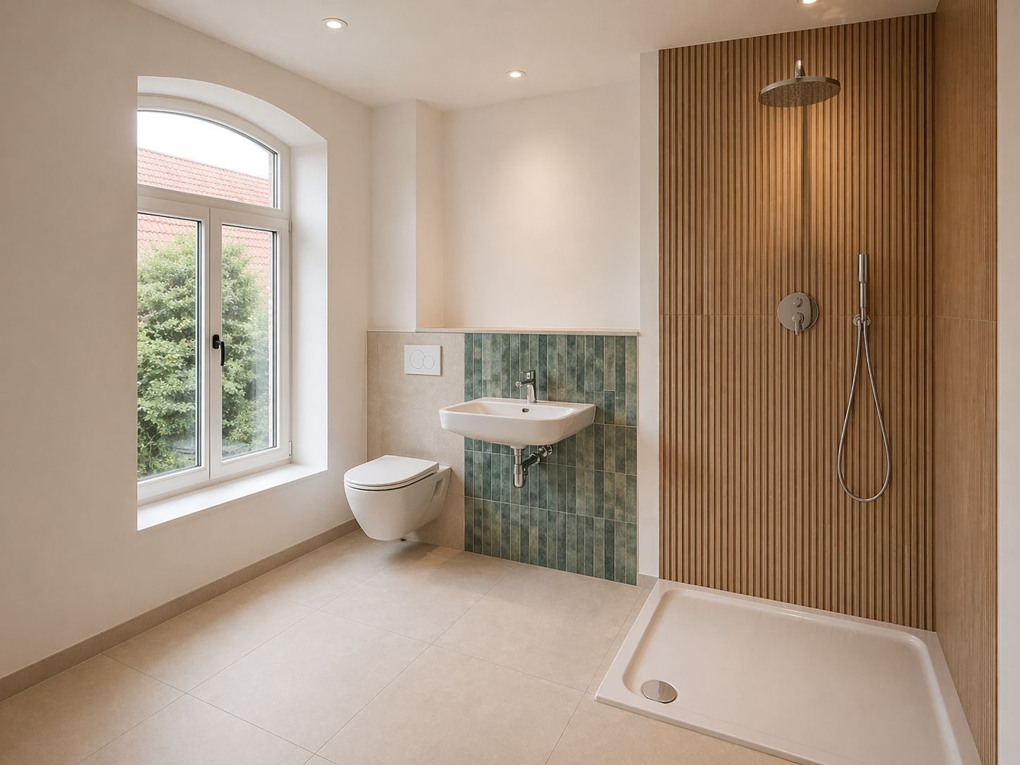Modernes Bad mit grünen Fliesen und Bogenfenster (Wohnung 6)